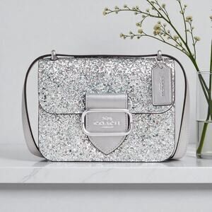 Coach Morgan Square Crossbody Purse Bag in Silver Glitter Leather CO925